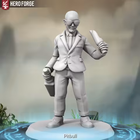 Screenshot from Heroforge of Pitbull smirking while holding a broken bottle in one hand and a full liquor bottle in the other.